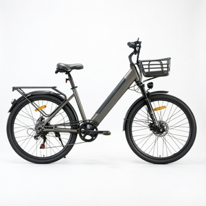 Electric City Bike 26 Inch Commuter E Bike 7 Speed Rear Hub Motor Carbon Steel Frame with Basket Integrated Battery Electronic